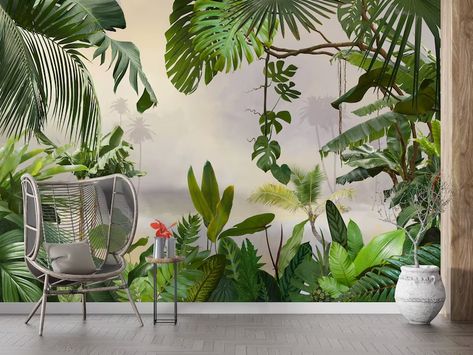 Jungle Wall Mural, Tree Wallpaper Mural, Jungle Flowers, Jungle Wall, Forest Wall Mural, View Wallpaper, Jungle Wallpaper, Tropical Wallpaper, Banana Leaves