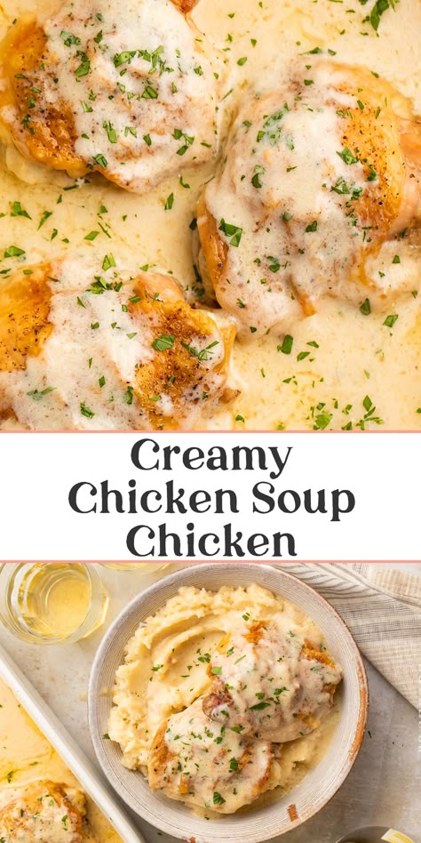 Fried Chicken With Cream Of Chicken Soup, Chicken Thigh Recipes With Gravy, Few Ingredients Chicken Recipes, Easy Chicken Recipes Cream Of Chicken, Cream Of Chicken Soup Chicken Bake, Healthy Cream Of Chicken Recipes, Easy Chicken Recipes With Cream Of Chicken, Chicken Thigh With Cream Of Chicken, Creamy Chicken Francaise Recipe