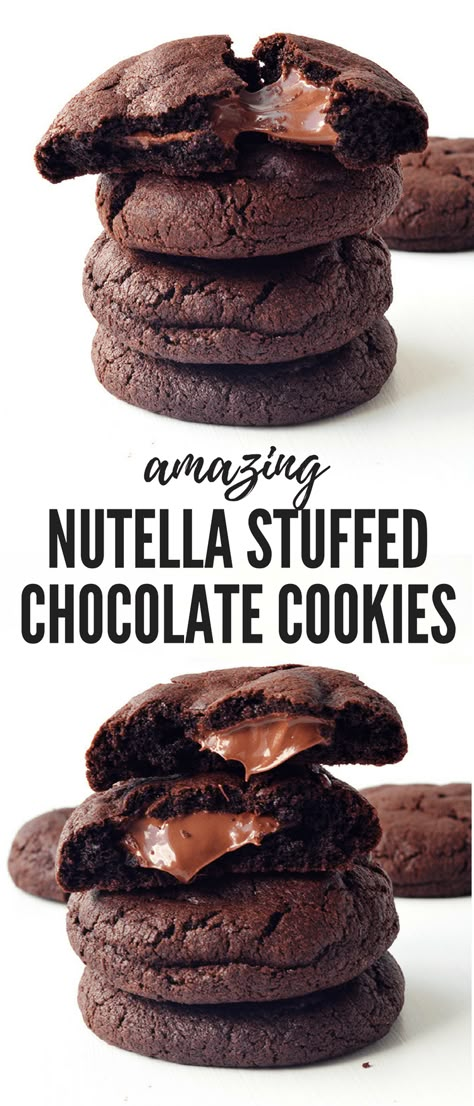 Stuffed Chocolate Cookies, Nutella Stuffed Cookies, Pancakes Nutella, Nutella Dessert Recipes, Nutella Cookies Recipe, Chewy Chocolate Cookies, Nutella Desserts, Stuffed Cookies, Nutella Brownies