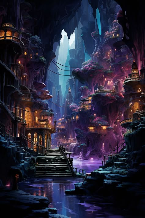 Landscape Digital Art, Wallpaper Fantasy, Cave City, Hidden City, Fantasy Village, Fantasy Scenery, Fantasy Wallpaper, Fantasy Town, Mythical Creatures Fantasy