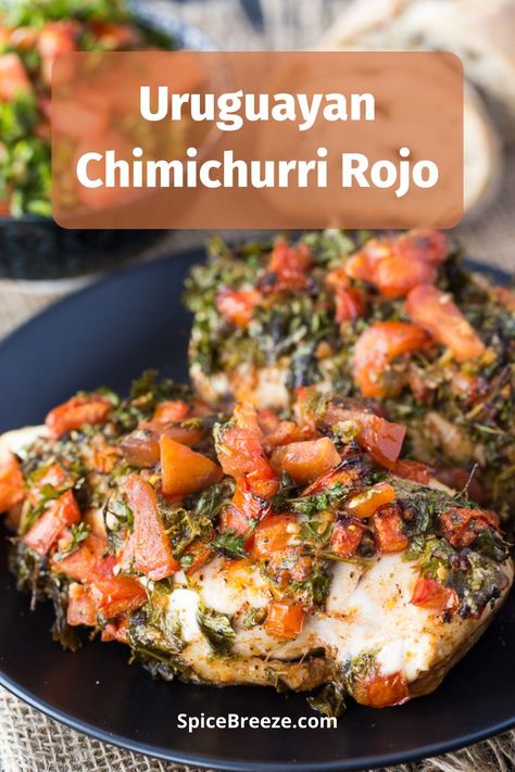 Serves 3 · Chimichurri Rojo is the red version of this savory sauce with plenty of parsley. It's very popular as a BBQ condiment in Uruguay and Argentina, the neighbors of the Rio de la Plata. Everyone mixes its… Uruguay Food, Summer Grilled Chicken, Marinated Fish, International Meals, Paraguay Food, Foreign Recipes, Dinner Seafood, South American Recipes, Chimichurri Recipe