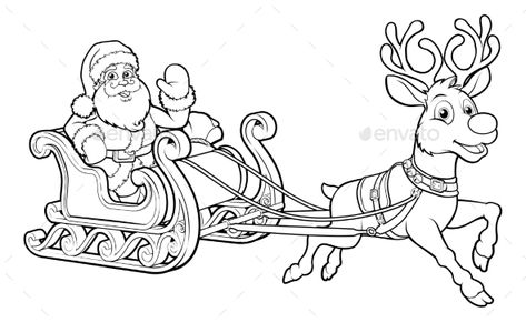 Santa Claus and his flying Christmas sleigh sled and reindeer Santa In Sleigh With Reindeer Drawing, Flying Santa And Reindeer, Santa In A Sleigh, Reindeer Drawing, Santa Claus Drawing, Santa With Reindeer, Christmas Window Painting, Rakhi Making, Christmas Sleigh