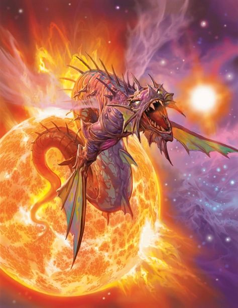 A solar dragon (also known as a radiant dragon or a sun dragon) is born in the heart of a star. It divides its time outside its lair between patrolling its territory and hunting for food. The dragon has a serpentine body, a pair of ventral limbs ending in long fins, nebulous wings that give off light, and gleaming, multicolored scales. It can see clearly even in intensely bright light. Solar Dragon, Spell Jammer, Astral Sea, Sun Dragon, Space Whale, Galaxy Aesthetic, Dragon's Lair, Alien Species, Forgotten Realms