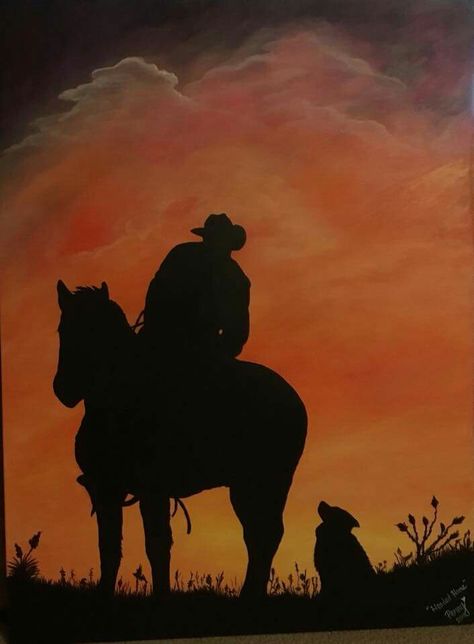 Cowboy Sillouette Painting, Cowboy On Horse Painting, Easy Country Painting Ideas, Western Canvas Painting Ideas, Cowboy Paintings Easy, Western Acrylic Painting, Country Paintings Easy, Easy Country Paintings On Canvas, Western Bedroom Decor Ideas