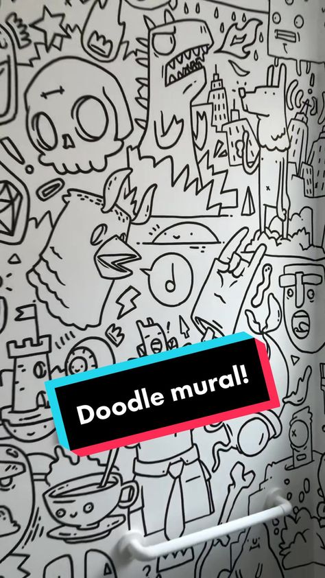 Mural from last year. One of my first all-over doodle walls! #mural #d... | TikTok Paint Doodles On Wall, Doodle Wall Mural, Doodle Mural Wall Drawing, Wall Doodle Art Bedroom, Wall Doodle Art, Doodle Mural, Line Mural, Doodle Wall Art, Coloring Wall