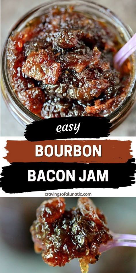 Collage image featuring two photos of bourbon bacon jam. Top image is an overhead photo fo the jam in a small wide mouth mason jar with a spoon in it. Bottom image is a close up of the jam on a spoon. Boozy Dips, Bourbon Bacon Jam, Bacon Jam Recipe, Bourbon Bacon, Jam Recipes Homemade, Holiday Favorite Recipes, Bacon Jam, Best Baking Recipes, Football Sunday