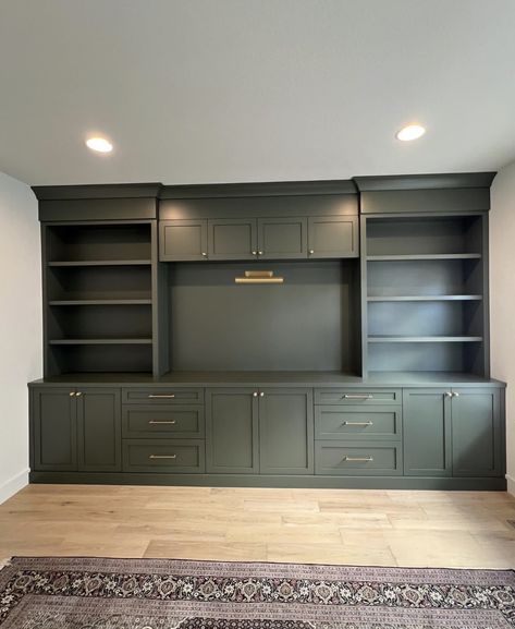 Office With Built Ins And Accent Wall, Furniture That Looks Like Built Ins, White Built Ins With Dark Background, Two Tone Entertainment Center, Built In Cabinet Bookshelf, Wood Tone Built Ins, Built In Bookshelf Remodel, Built Ins Tall Ceilings, Living Room Built In Tv Wall