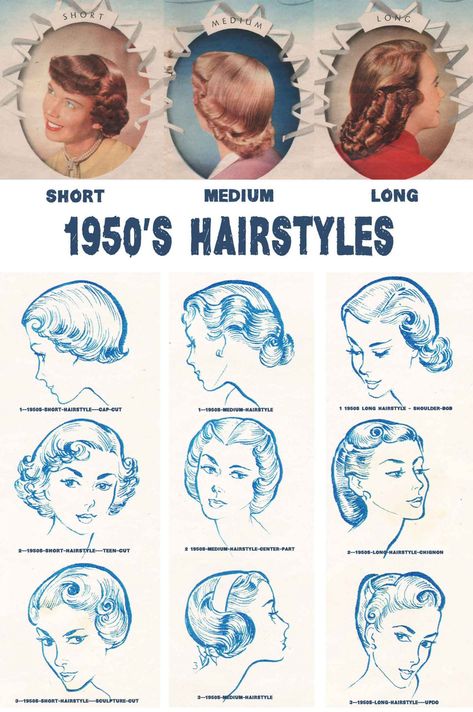 1950s Hairstyles Chart for your hair length Hairstyles 1950s, 1950s Hairstyle, Hairstyles Retro, Cabelo Pin Up, 1950s Shorts, Teenage Hairstyles, 1950s Hairstyles, 50s Hairstyles, 1940s Hairstyles