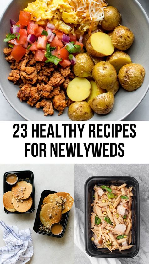 Meals For Newlyweds, Easy Meals For Newlyweds, Newlywed Recipes Dinners, Easy Newlywed Recipes, Couples Meal Prep, Meal Prep For Couples, Newlywed Meals, Wedding Meal Plan, Newlywed Recipes