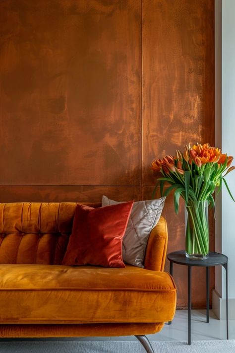 Looking to transform your interiors? These cozy copper wall paint ideas are the perfect way to add warmth and sophistication to any room. Whether you're going for a rich metallic sheen or a soft, warm glow, copper tones can beautifully complement your decor. Picture a stunning accent wall in your living room, an elegant backdrop for a kitchen, or a chic finish for your bedroom. Dive into this list to find the perfect shades and techniques for your space, and create an inviting vibe that captivates every guest. Copper Paint Walls, Copper Wall Paint, Copper Accent Wall, Copper Paint Colors, Copper Wall Decor, Wall Paint Ideas, Bedroom Moodboard, Elegant Backdrop, Wall Painting Techniques