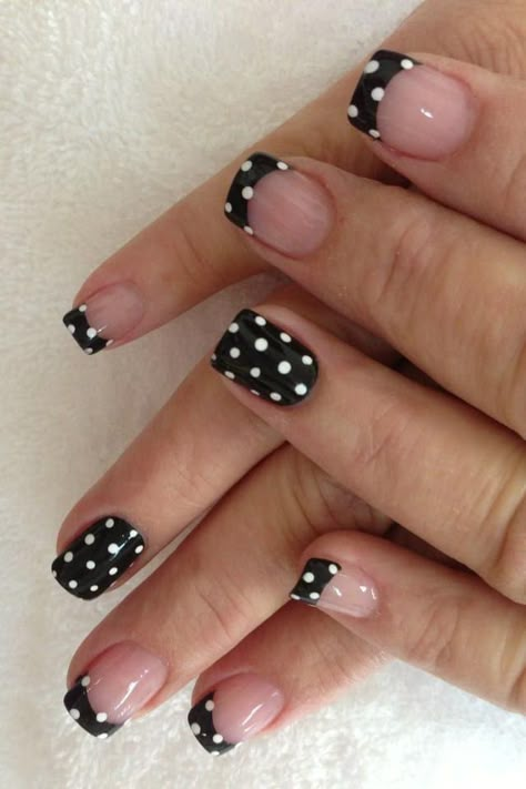 Doted Nail Designs, Stripes And Polka Dots Nail Designs, Short Nail Designs Dots, Pokadot Nail Designs, Polka Dot And Stripe Nails, Polka Dot Nails Black And White, Dotticure Nail Art, Polka Dot Nails Acrylic, Nail Dot Designs