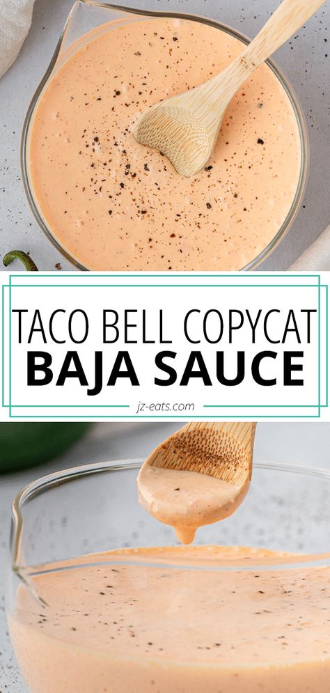 baja sauce in a glass jar with a wooden spoon Copycat Taco Bell Baja Sauce, Taco Mayo Sauce, Spicy Taco Sauce Recipe, Baja Sauce Taco Bell, Best Taco Sauce, Easy Baja Sauce, Spicy Mexican Sauce For Tacos, Street Tacos Sauce Recipe, Baja Taco Sauce