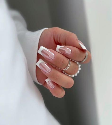 Coffin Pearl French Tip, French Nails With Chrome Square, French Shimmer Nails, Glazed French Tip Nails Square, Square French Tip Chrome, French With Diamonds Nails, Chrome French Nails Square, Chrome French Tip Square, Square French Tip Designs