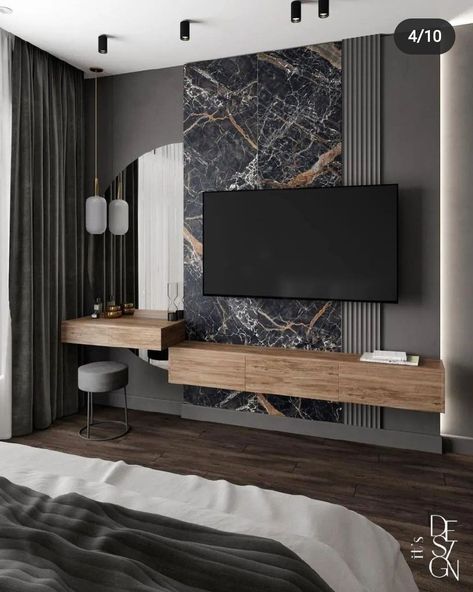 Elevate your bedroom with a dark, modern TV wall featuring a sleek wooden floating TV stand and a functional corner desk – the perfect blend of style and functionality for your personal sanctuary. Small Bedroom Solutions, Bedroom Solutions, Bedroom Tv Wall, Tv In Bedroom, Bedroom Bed Design, Living Room Design Decor, Bedroom Furniture Design, Simple Bedroom, Home Room Design