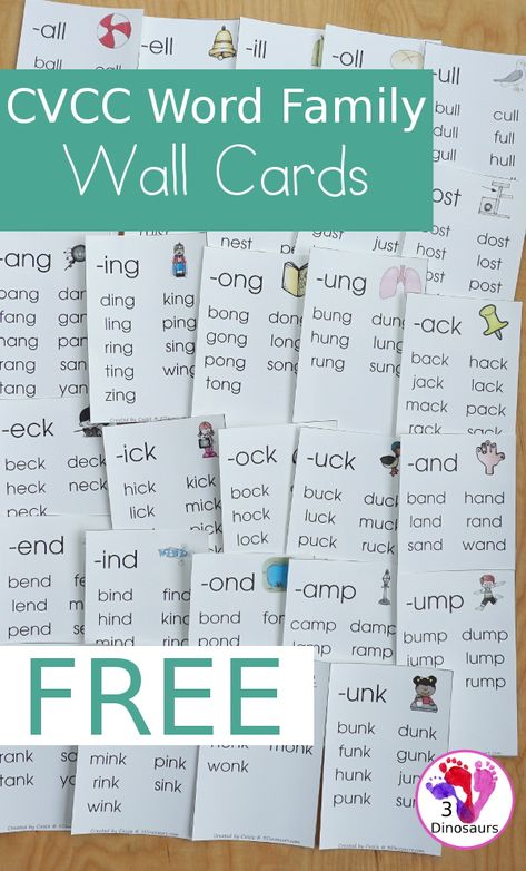 Free CVCC Word Family Wall Cards - 2 cards per page has the endings: -all, -ill, -ell, -ull, -ing, -ang, -ung, -ong, -ast, -ist, -ust, -ost, -est, -ack, -ick, -ock, -uck, -and, -end, -ind, -ond, -und, ink, -unk, -onk, -amp, -imp, -ump - 3Dinosaurs.com Kindergarten Word Family Activities, Cvcc Word List, Ack Word Family Worksheet, Cvcc Words Worksheets Free, Word Endings Activities, Ccvc Words Worksheets Free, Cvcc Words Activities Free, Word Family Activities Free, Family Words Activities For Kids