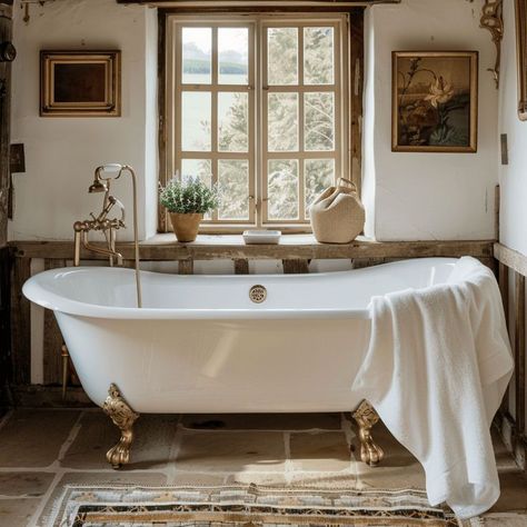 Rustic Bathroom Decor with a Clawfoot Tub Old English Cottage Bathroom, Bath In Front Of Window, Bath Tub Window, Countryside Bathroom, Bathtub Window, Claw Bathtub, Cottage Core Bathroom, Claw Tub, Clawfoot Tub Bathroom