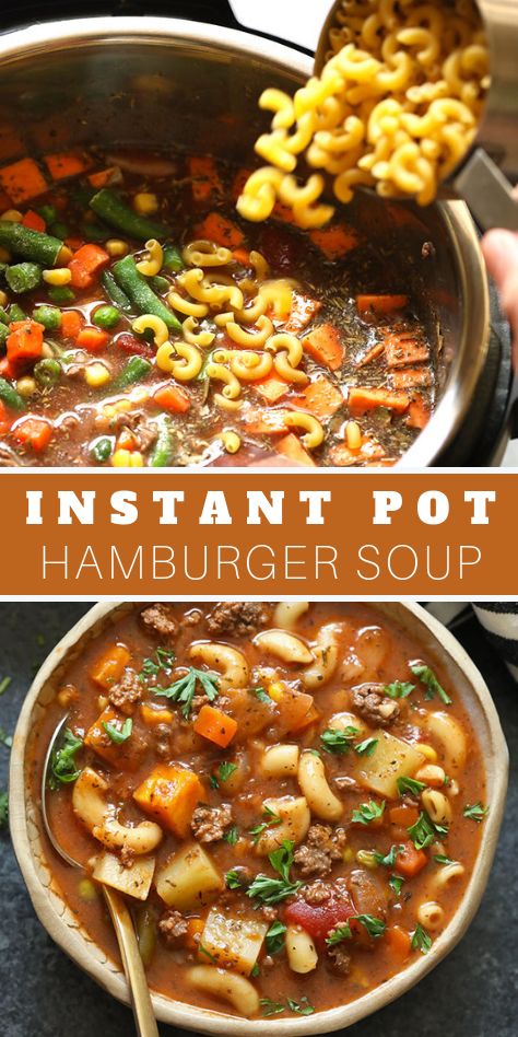 Prep all your ingredients, throw them in the instant and let it cook for only 5 minutes! Say what?! This Instant Pot Hamburger Soup recipe is a healthy weeknight winner that everyone will love! And a clear winner when it comes to saving time. #hamburgersoup #soup #souprecipe #instantpotrecipe #instantpot #weeknightdinner Instant Pot Hamburger Soup, Hamburger Soup Recipe, Crock Pot Vegetables, Instant Pot Soups, Clean Eating Soup, Hamburger Soup, Instant Pot Soup Recipes, Instant Pot Meals, Instant Pot Soup