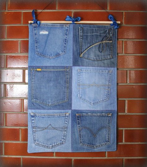 Fabric Wall Organizer Diy, Denim Pocket Organizer, Hanging Organizer Diy Sew, Denim Wall Organizer Old Jeans, Entryway Organizer Wall, Hanging Wall Organizer, Wall Hanging Storage, Entryway Organizer, Denim Bag Patterns