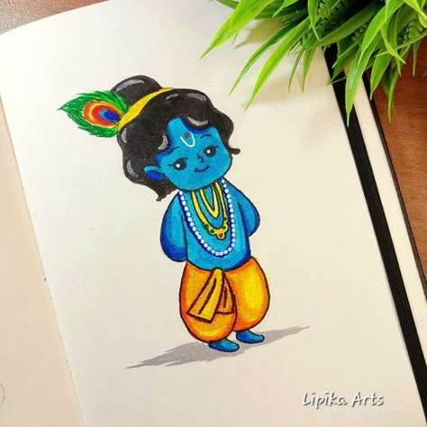 Krishnastami Drawing, Cute Kanha Drawing, Radha Krishan Ji Drawing Easy, Cartoon Krishna Drawing, Krishna Doodle Art Easy, Kanha Painting Easy, Janmashtami Drawing For Kids, Krishna Ji Drawing Easy, Krishna Bhagwan Drawing