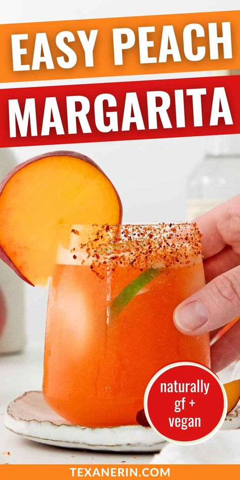 Peach Margarita - Texanerin Baking Easy Peach Margarita Recipe, Peach Margarita Recipe, Peach Simple Syrup, Peach Margarita Recipes, Peach Cocktail Recipe, Peach Margaritas, Fresh Margarita, Happy Hour Appetizers, Peach Daiquiri