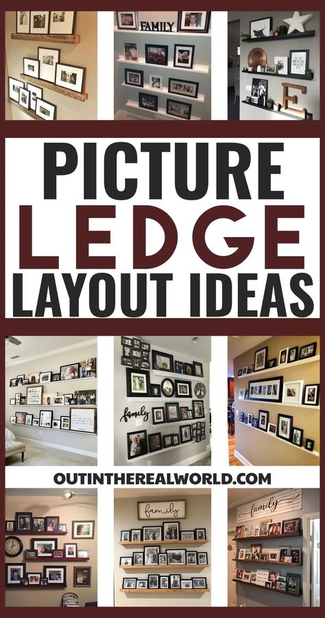 Photo ledge layout ideas with photo displays on wall shelves - great ideas for a family picture wall. Photo Gallery Shelves, Grandbaby Picture Wall, Floating Shelves Family Pictures, Shelves For Frames, Picture Shelving Ideas, Staggered Picture Shelves, Family Photo Wall With Shelves, Photos On Shelf Display, Displaying Sports Pictures