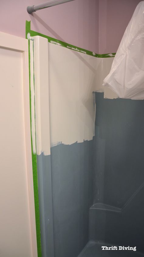 Shower-and-tub-refinishing-how-to-paint-a-shower-tub - Thrift Diving Blog - 8873 Tub Refinishing, Shower Makeover, Tub Remodel, Refinish Bathtub, Fiberglass Shower, Painting Shower, Diy Shower, Tub Surround, Diy Concrete