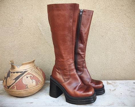 Chunky 70s Heels, Brown Leather Platform Boots, Chunky Heel Boots Outfit, Vintage Brown Boots, High Heel Leather Boots, Knee High Brown Boots, Chunky Heel Platform Boots, Brown Platform Boots, Brown Leather Knee High Boots