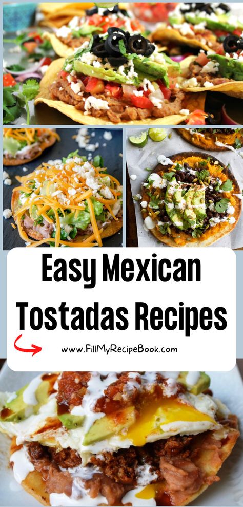 Easy Mexican Tostadas Recipes ideas with a few different fillings of salads and meats and vegetables for food for lunch or dinner. Tostadas Recipes Mexican, Authentic Tostadas, Recipes Using Tostada Shells, Mexican Tostada Recipes, Easy Tostada Recipes, Tostados Recipe, Tostadas Recipes, Mexican Tostadas, Baked Tostadas