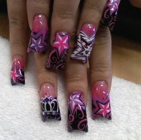 Trashy Nail Art, Chunky Y2k Nails, Duck Nails Acrylic, Scene Nails, Mcbling Nails, 2000s Nails, Gyaru Nails, Flare Nails, Punk Nails