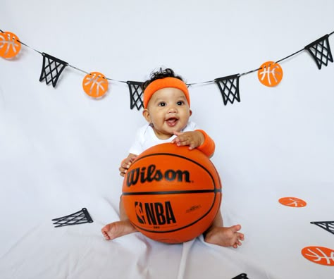 Basketball 1st Birthday Photoshoot, Basketball Milestone Pictures, 6 Month Basketball Photoshoot, Half Time 6 Month Birthday, Baby Basketball Photoshoot, Basketball Baby Pictures, 6month Birthday, 6 Month Birthday Ideas, 1/2 Birthday