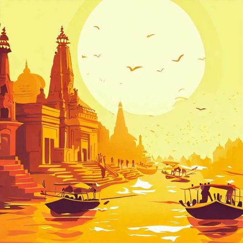 Embracing Eternity: A Spiritual Journey through Varanasi – Nerdiest India Haridwar Illustration, Varanasi Illustration, Varanasi Painting, Banaras Ghat, Spiritual Art Painting, Diy Art Work, Tropical Leaf Decor, India Illustration, Gods Images