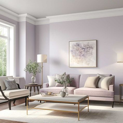 Wall Painting Ideas Light Colours, Lavender Wall Paint Living Room, Lilac Living Room Walls, Paints For Hall Walls, Light Color For Living Room Walls, Light Colour For Living Room Wall, Light Wall Colours Living Room, Hall Room Paint Color Ideas, Light Purple Walls Living Room