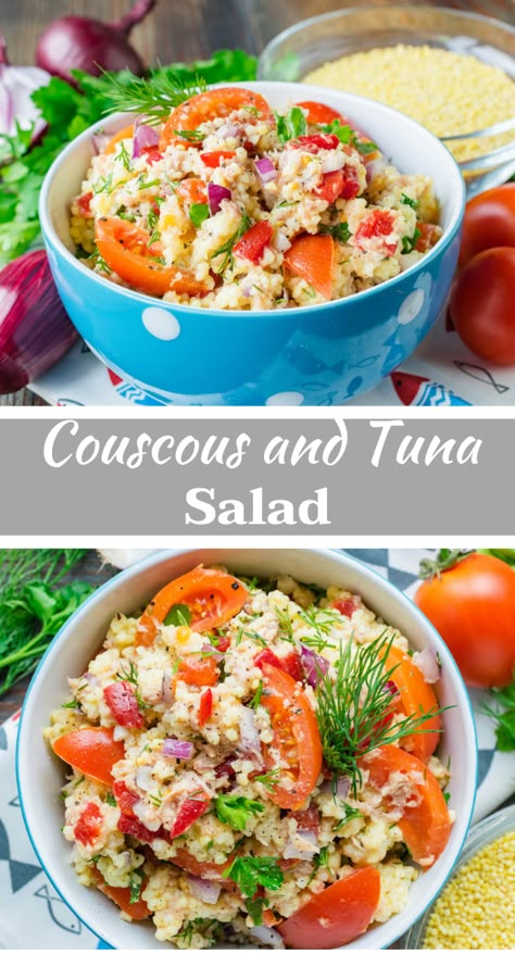 Tasty and healthy couscous and canned tuna salad - a great idea for an easy dinner for two. Fresh vegetables fill salad with bright colors, making a dish appetizing and juicy. It is possible to serve ready-made salad as warm and chilled. Besides vegetables it can be added canned corn, green peas or green beans to salad. Tuna And Couscous Recipes, Couscous Tuna Salad, Tuna Couscous Salad, Canned Tuna Salad, Tuna Couscous, Cabbage Salads, Easy Dinner For Two, Good Protein Foods, Broccoli Salads