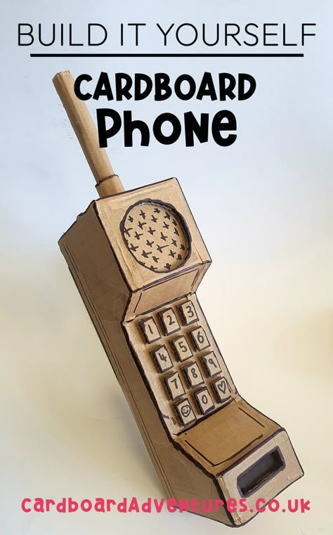 Cardboard Phone Toy made by Theatre designer Sam Wilde. Look for more patterns and templates for fun toys and DIY craft activities on CardboardAdventures.co.uk How To Make A Cardboard Phone, Cardboard Phone Diy, 3d Cardboard Art Projects, Tv Head Cardboard, Cardboard Art Ideas, Cardboard Props Diy, Fun Cardboard Crafts, Diy Crafts With Cardboard, Cosplay Cardboard