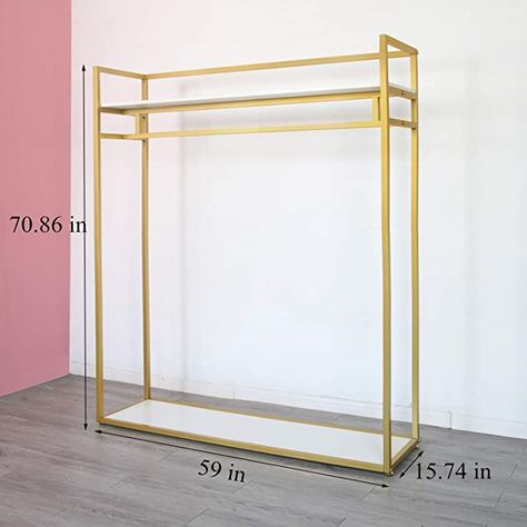 Gold Garment Rack, Clothing Store Shelves Design, Gold Clothing Rack Bedroom, In Home Boutique Setup, Boutique Set Up Ideas Spaces, White Clothes Rack, Clothing Rack Ideas, Ikea Clothes Rack, Gold Clothing Rack