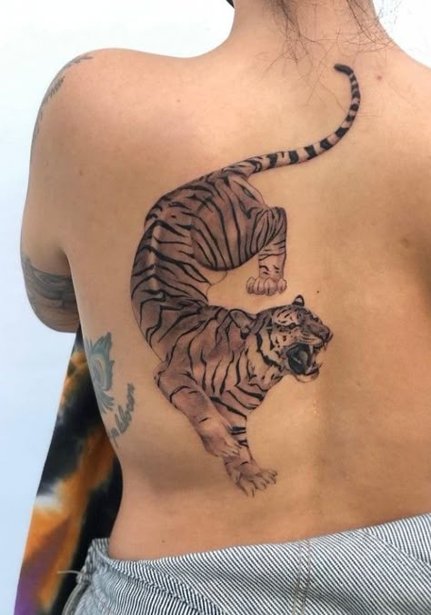 Tiger Prowling Tattoo, Jaguar Rib Tattoo, Tiger Chest Tattoo Female, Back Animal Tattoo, Big Cat Back Tattoo, Large Tiger Tattoo, Lower Back Tiger Tattoo, Half Tiger Half Woman Tattoo, Tiger Side Tattoo