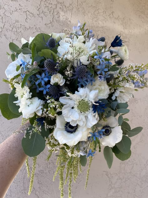 Lovely blue and white spring bridal bouquet. Real Blue Wedding Flowers, White And Navy Blue Bouquet, Navy And Light Blue Bouquet, Blue Black And White Bouquet, White And Blue Flowers Bouquet, Dark Blue Bridal Bouquet, Blue Colorful Wedding Flowers, Dark Blue Prom Bouquet, Dark Blue And White Flowers