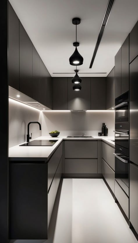 Inspiring Modern Small Kitchen Design Ideas for You Small Duplex Kitchen Ideas, Small Modern Kitchens Apartment, Small Modern Black Kitchen, Black Kitchen Small Apartment, Modern Kitchen Small Space, Modern Kitchen Design Small Space, Small Kitchen Modern Design, Kitchen Interior Small Space, Modern Minimalist Kitchen Small Spaces