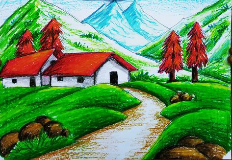 https://youtu.be/xeyLaMTMYhA Nature House Drawing, Mountain House Drawing, Nature Drawing Colourful, Mountain Scenery Drawing, Project Ideas For School, Nature Scenery Drawing, Hill Drawing, Nature Drawing For Kids, Simple House Drawing