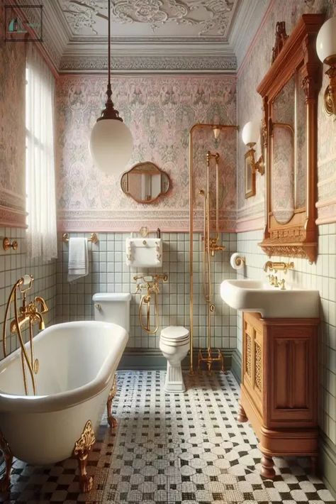 Old Hollywood Glamour Bathroom, Bathroom Retro Vintage, Bathroom Ideas Old Style, Antique Tile Bathroom, Retro Style Bathroom, Retro Style Home Decor, Bold Bathroom Design, Classic Tile Bathroom, Colored Tile Bathroom