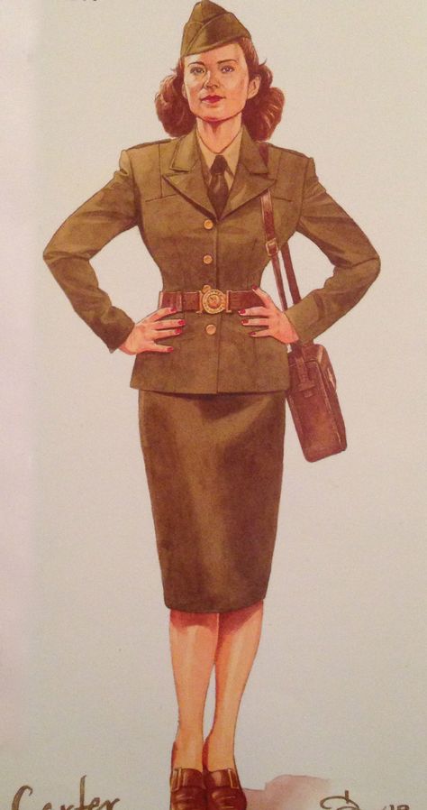 Concept art of Peggy Carter in uniform by Darrell Wagner from "Captain America: The First Avenger" (2011). Military Uniform Female, Ww2 Fashion, Women's Military Uniform, Wwii Fashion, Ww2 Women, Captain Carter, Captain America The First Avenger, 1940s Women, The First Avenger