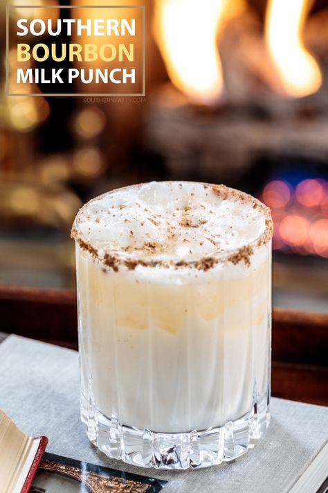 BACK in season! Southern Bourbon Milk Punch | Southern FATTY Whiskey Milk Punch, Bourbon Cream Drinks, Jameson Drinks, Bourbon Milk Punch, Milk Punch Recipe, Manly Cocktails, Bourbon Honey, Southern Cocktail, Mardi Gras Party Ideas