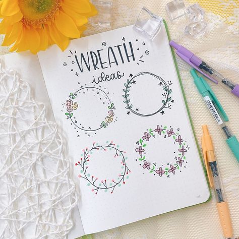 Bullet Journal Decoration, Japanese Pens, Stationery Pal, Paper Art Design, Bullet Journal Paper, Page Borders Design, Wreath Garland, Diy Journal Books, Bullet Journal Diy