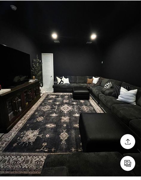 Dark Colored Living Rooms Ideas, Dark Basement Aesthetic, Dark Living Room Rug, Dark Moody Basement Ideas, Rug On Dark Wood Floor, Dark Rugs In Living Room, Living Room Inspiration Dark, Dark Rug Living Room, Dark Media Room