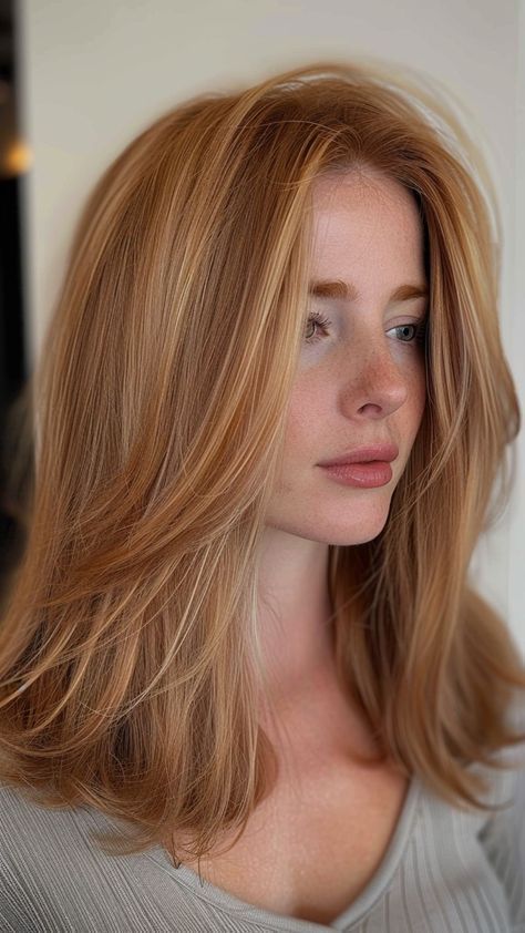 #hairstyleideas Hair Colors That Suit Olive Skin, Lily Bloom Hair Color, No Layers Long Hair, Golden Retriever Hair Color, Lowlights On Ginger Hair, Redhead Money Piece, Virgin River Mel Hair, Shoulder Length Ginger Hair, Old Money Red Hair