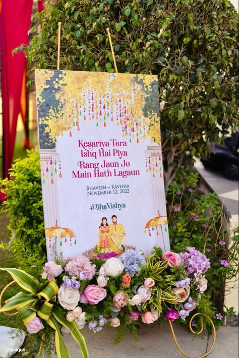 Wedding Signage inspiration Haldi Standee Design, Haldi Sign Board, Haldi Board Ideas, Entry Graphics, Wedding Welcome Board Design, Haldi Board, Indian Wedding Props, Wedding Boards Signs, Shaadi Decoration