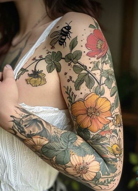 Tattoo Sleeve Linework, Back Of Arm Tattoo Sleeve, Cute Women Sleeve Tattoo, Flowers And Bugs Tattoo, Pretty Floral Tattoos, Girly Half Sleeve Tattoos, Floral Tattoo Sleeves For Women, Knee Women’s Tattoo, Back Sleeve Tattoo Women