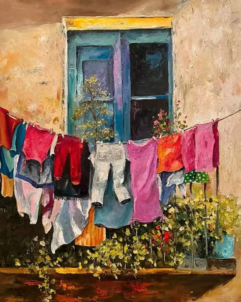 Clothesline Painting, Windows Reference, Old Balcony, Laundry Painting, Laundry Hanging, Washing Lines, Laundry Art, Clothes Lines, Oil Painting Inspiration