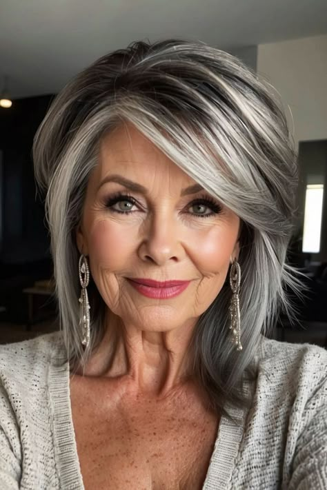 Paula Dean Haircut, Medium Length Layered Hair Styles Over 50 Older Women, Grey Black Hair Color, Over 40 Medium Length Hairstyles, Grey Hair Inspiration Older Women, Hairstyles 60 Year Old Women, Hairstyles For 2024 Women, Hair Color For Older Women Over 50, Hairstyles Over 60 Older Women New Looks