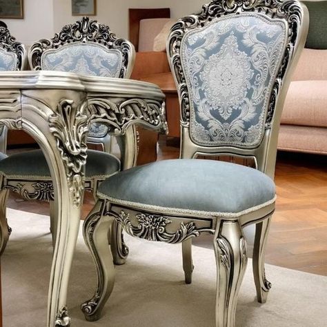 “PRADO Baby Blue" DINNIG& LIVING Series Last Piece 🔥❤️ متبقى طقم واحد A Royal Style Handmade Dining and Living Room Dining Set includes⭐️⭐️⭐️⭐️⭐️ Big Table with 8 Chairs (2 armchairs) Living Set includes Sofa, Loveseat, 2 arm chairs, center table and 2 side tables. Made of premium quality solid wood 💪 Premium champagne paint and finish With high quality Fabric upholstery Durable construction and elegant look. ✨💥✨💥✨💥✨✨💥✨💥 Order today and enjoy free delivery PRADO Dining Room Set https://www... Royal Blue Chair, Elegant Dining Rooms, Interior Presentation, 2 Side Tables, Royal Chair, Dining Room Victorian, Wooden Sofa Designs, Royal Furniture, Solid Wood Dining Set